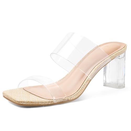 Image of mysoft Women's Clear Heels Square Toe Chunky Block Heel Sandals | 3 Inch Block Heel, Two Clear Straps, Slip On, Square Open Toe, Comfortable, Lightweight, Daily Walking, Party, Summer Dressy