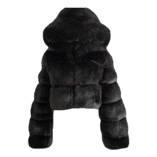 SACFOF Women's Winter Warm Jacket Faux Fur Hooded Jacket Long Sleeve Sexy Short Coat Winter Cropped Shearling Furry Overcoat