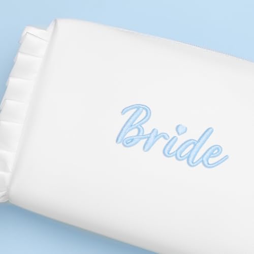 Etercycle Bride Cosmetic Bag, White Satin Bride To Be Makeup Bags Exquisite Embroidery Something Blue Bridal Shower Gifts, Ruffle Toiletry Bag For Engagement Wedding Bridesmaid Bachelorette Party4