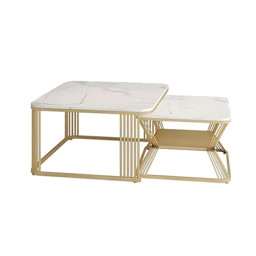 Image of Square Side Table Set of Stackable Tea or Coffee Tables with Marble Tops for Apartments, Bedrooms, and Living Rooms White Gold