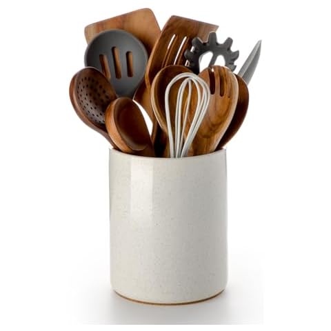 Nucookery Utensil Holder, 6.4" Ceramic Kitchen Utensil Holder for Countertop with Protection Cork Bottom, Vintage Farmhouse Kitchen Decor for Counter, Christmas Gift (Sand) Cover