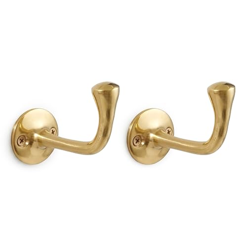 Handcrafted Brass Hook Set of 2, Antique Brass Coat Hooks, Brass Hooks for Wall Decor and Entry Storage, Minimal Wall Hook Hardware for Bathroom, Kitchen or Mudroom