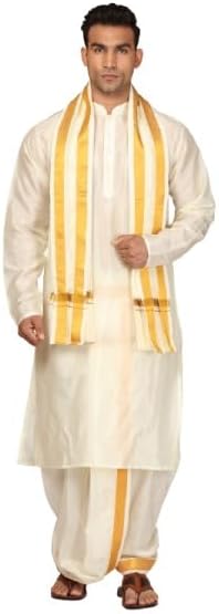 Sethukrishna Men Cream Colour Art Silk Kurta Dhoti Pant Set (CREAM) (M) (KCRF101FSMD690T241)