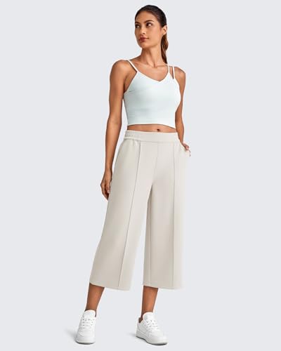 G4Free Yoga Pants for Women Wide Leg Capri Pants with Pockets High Elastic Waist Loose Casual Cropped Pants for Summer(Ivory,XS,Regular) — view 6