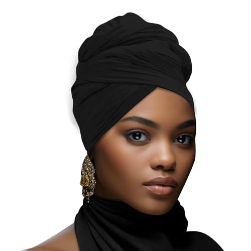 Stretch African Head Wraps for Black Women - Long Jersey Turban Headwraps, Head Scarf, Headbands (Black)