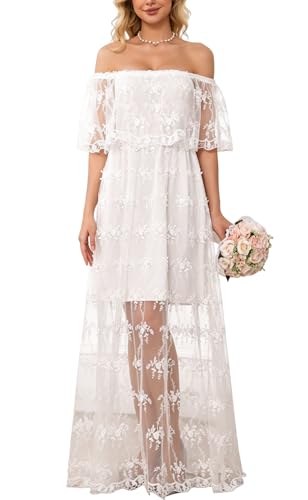 Image of HOYISHION Women's Off The Shoulder Floral Lace Maxi Dress White Bridesmaid Wedding Party Maternity Photoshoot Long Dresses