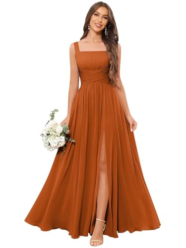 Chiffon Bridesmaid Dresses for Women Ruched Long Spaghetti Straps Formal Evening Gown with Pockets
