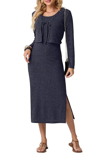 GRECERELLE Damen Strickkleid Strickjacke 2-teiliges Strick-Set : Midi Winterkleid Lang mit Spaghettiträgern & Seitenschlitz + Kurz geschnittenes Cardigan mit Bindegürtel und Langarm (Marineblau L)