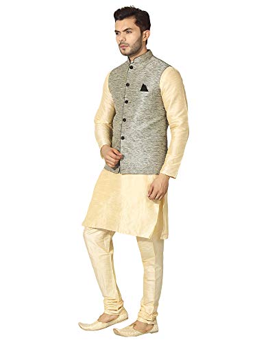 Image of Uri and MacKenzie Men's Silk Blend Regular Kurta Churidar Pyjama with Bundi Nehru Jacket /Waistcoat