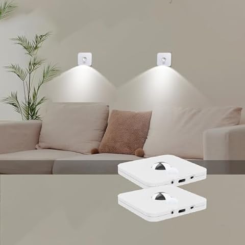 2 Pack LED Motion Sensor Puck Lights Rechargeable Cabinet Lights Auto On Off Stick on LED Night Light for Closet Cabinet Drawer Stair Corridor Ceiling Tape Lights, Type C USB Charging Cord Included Cover