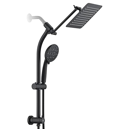 Regadera de lluvia de 8 pulgadas con pulverizador manual de alta presión, barra deslizante sin perforación y brazo extensible ajustable, divisor de 3 vías para fácil alcance, manguera de 5 pies - Negro mate miniatura 1