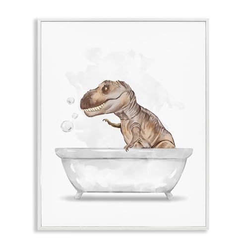 Image of T Rex Dino Bubble Bath Bathroom, 24 x 30 Inch Framed Giclee Print | Stupell Industries . By Ziwei Li . Ready to hang . Fun kids bathroom decor . Made in USA