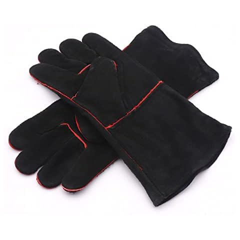 PONDWAY Heat Resistant Gloves, Leather Gloves Stove Logs Coals Wood Burner Welding Professional Weber Fireplace Barbecue Accessories for Cooking Grilling Baking Cover