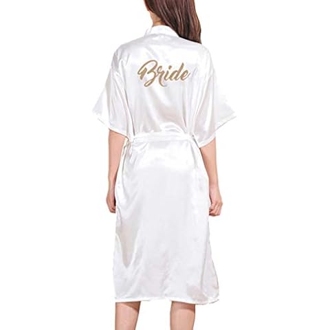 JiXuan Women's Kimono Robe Dressing Gown Long Classic Satin Wedding Nightwear Bride Robes White M Cover