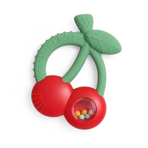 Itzy Ritzy Silicone Rattle Teether - Bitzy Shake Teething Toy with Textured Silicone Gentle Rattle Sounds & Colorful Dancing Beads for Sensory Play (Cherries)