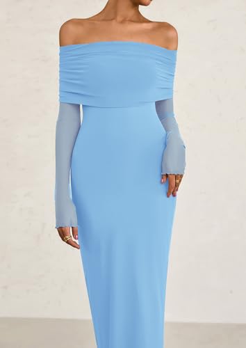Image of PRETTYGARDEN Fall Dresses for Women 2025 Elegant Off The Shoulder Long Sleeve Formal Wedding Guest Bodycon Maxi Dress(Light Blue,Medium)