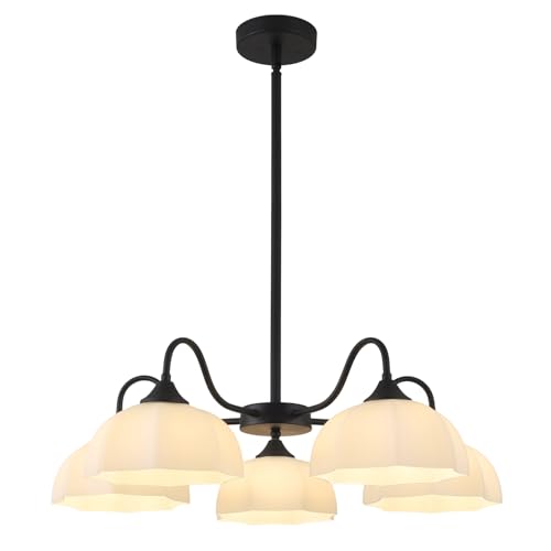 Image of Vintage Black Sputnik Chandelier 5-Light Metal Semi Flush Mount Chandelier Fixture with White Dome Glass Shade Modern Ceiling Pendant Lights for Living Room Bedroom