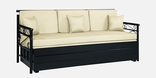 Image of 3 Seater Metal Sofa Cum Bed with Hydraulic Storage | Queen Size Sofa Cuma Bed | 76 inch x 60 inch Cream Metal Sofa Set for Living Room