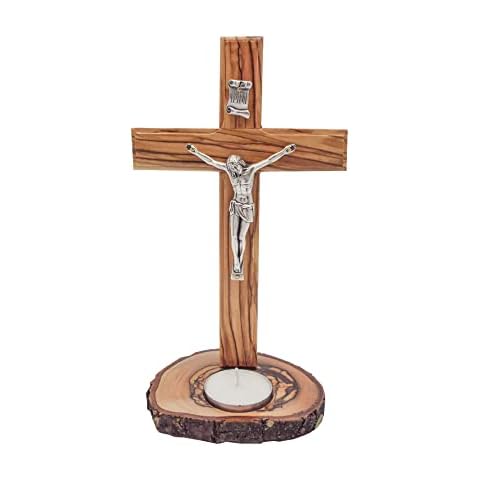 Olive Wood Standing Crucifix Cross (8 Inch), Wood Table Alter Cross with ‘Candle Holder Base’ Cover