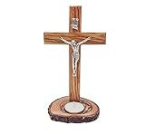 Olive Wood Standing Crucifix Cross (8 Inch), Wood Table Alter Cross with ‘Candle Holder Base’