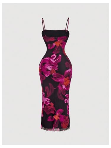 Image of BEAUDRM Women's Sexy Floral Plus Size Dress Date Night Club Cocktail Dress | Summer Vintage Mesh Bodycon Maxi Dress, Elegant Wedding Guest Dresses