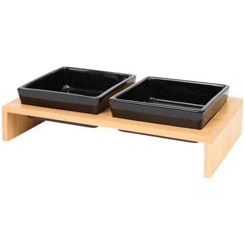 SET 2 PZ Ciotole Legno Bambu' e Ceramica Rialzate, Ciotola Cane Gatto Supporto in Bamboo, Doppia Cani Gatti Rialzata, Scodelle Cibo e Acqua, Taglia PICCOLA MEDIA, Bianco o Nero (NERO QUADRATA)