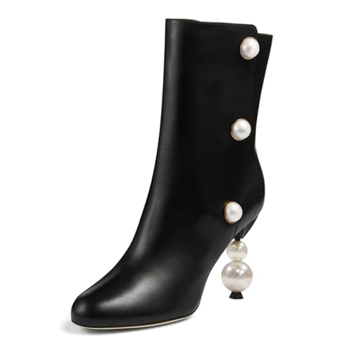 FSJ Women Unique Pearl Heel Ankle Boots Closed Toe 3.5