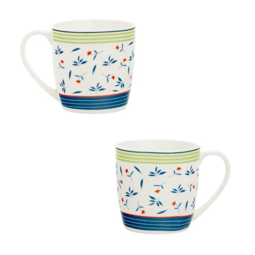 Image of Clay Craft Premium Ceramic Tea & Coffee Mugs Set of 6 - White Cups with Blue Floral Print & Yellow Striped Border | Elegant Designer Pattern | Ideal for Home, Office & Gifting