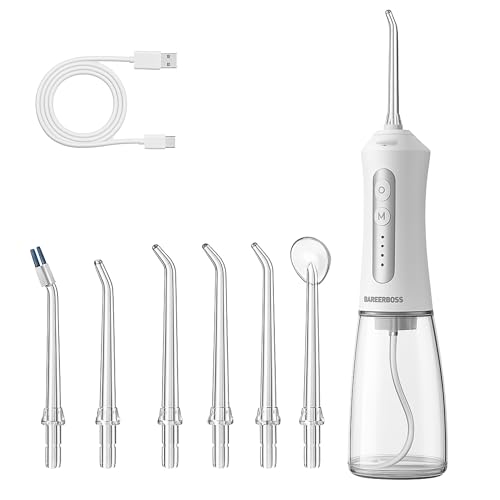 BarberBoss Irrigador bucal recargable para dientes y encías, 5 modos de limpieza, 5 boquillas de chorro, depósito de 300 ml, USB inalámbrico, resistente al agua IPX7 y boquilla de 360°