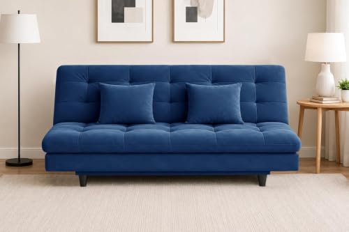 Image of Velvet Fabric Wooden 3-Seater Apsen Sofa Bed with Tufted Couch with Adjustable Backrest- Living Room Furniture-Blue-Color