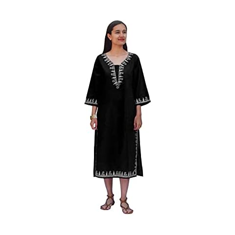 Ayurvastram Vidya Embroiderd Pure Cotton Kaftan, Tunic, Dress, Nightgown : Black: 2X Cover