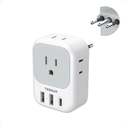 Italy Travel Plug Adapter PD 20W, TESSAN Type L Adapter for Travel with 4 Outlets 3 USB Ports (1 USB-C), Power Adaptor for US to Italy Chile Rome Urug