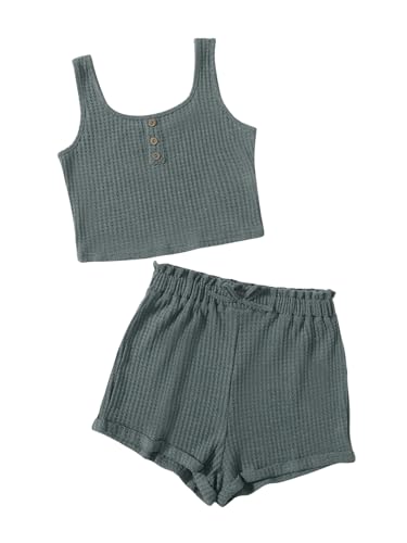 Image of RoseSeek Girl's 2 Piece Outfits Waffle Knit Scoop Neck Button Down Crop Tank Tops Paperbag Waist Track Shorts