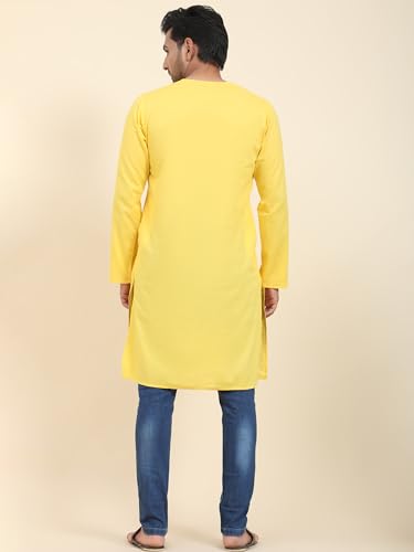 Image of Amazon Brand - Anarva Men's Cotton Solid Round Neck Kurta Long Sleeves Straight Knee Length Casual Shirt