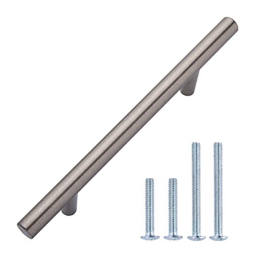 Image of South Main Hardware Euro Bar Cabinet Drawer Pull Handle (3 /8 inch Diameter), 5.88 inch Length (3.5 inch Hole Center), Satin Nickel, Mounting Hardware Included, 10-Pack
