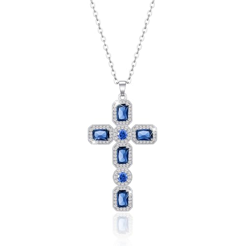 Linawe Sapphire Blue Cross Necklace, Silver Charm Pendant Chain Necklace