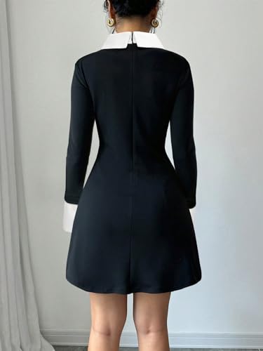 Women's 2025 Spring Fall Dress Colorblock Collared Long Sleeve Short Dress2