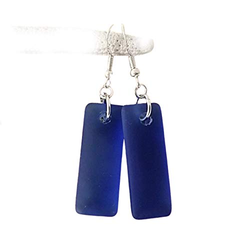 Handmade in Hawaii, Minimalist design, Rectangle Sea Glass Earrings, (Hawaii Gift Wrapped, Customizable Gift Message) (Cobalt - September)