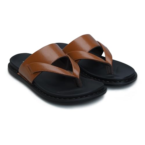 Image of Men's Solid Casual Flat Slipper, Faux Leather Slip-on V-Strap Fashion Slipper For Men