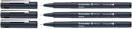 Schneider Pictus Fineliner (grosor de trazo 0,3 mm, 0,5 mm y 0,7 mm), color negro, 3 unidades