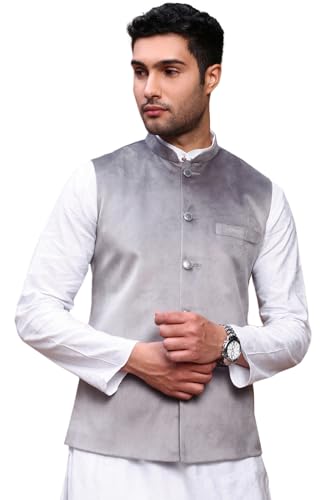Image of SHOWOFFFF Men Solid Ethnic Nehru Jacket | Mandarin Collar Sleeveless Suede NehruJacket for Mens | Slim Fit Regular Length NehruJackets for Men's