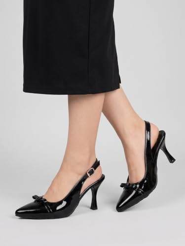 Image of Women's Slingback Pointed Toe Pumps with Bow Detail | Patent Finish | Kitten Stiletto Heel | Elegant Party & Office Heels
