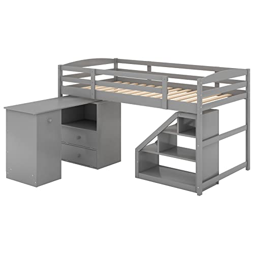 Low Loft Beds With Desk And Stairs Twin Loft Bed Frame With Movable Desk And Storage Drawers Wood Captain Beds For Kids Girls Boys Teens, Gray #TOP7