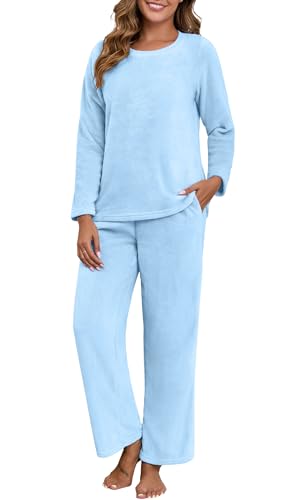 PrinStory Fluffy Flannel Winter Pajamas for Women - Plush Fleece Warmth, 2-Piece Fuzzy Pajama Set with Pockets3