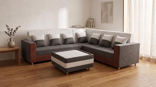 Image of RECTART Luxe 8 Seater L-Shape Sofa Set for Living Room | Sectional Sofa with Centre Table & 7 Pillows | Modern Wooden Home Furniture |