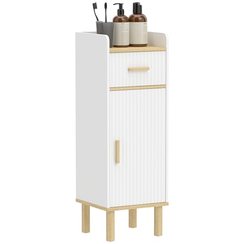 HOMCOM Mobile da Bagno Stretto, Mobile da Bagno Autoportante con Gambe in Legno, Cassetto e Mensola Regolabile, per Salotto, Cucina, Ingresso, Bianco