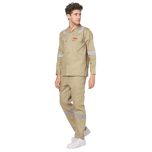 Image of Men's 100% Cotton Industrial Workwear Jacket & Pant Set with Reflective Tape, OEKOTEX, 200 GSM.