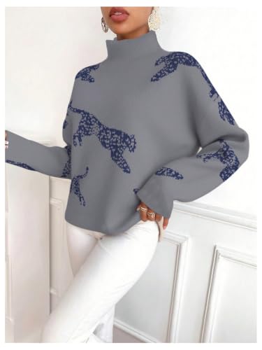 Image of WDIRARA Women's Leopard Tiger Print Sweater High Neck Long Sleeve Fuzzy Knitted Pullover Top
