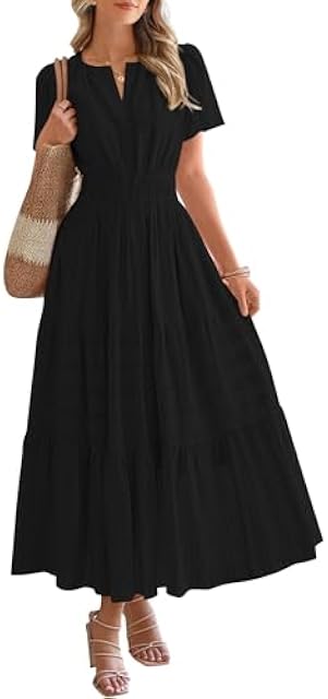BTFBM Womens Summer 2026 Casual Midi Maxi Dresses Lightweight Short Sleeve V Neck Elastic Waist Boho Beach Dress Pockets(Black, X-Large)
