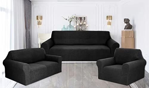 Valora Home Sofa Protector Couch Slipcover Set- Elastic Spandex, Non-Slip Furniture Protector Solid Set (Black, 3 Pce (Sofa+Love-Seat+Arm-Chair)) #TOP12